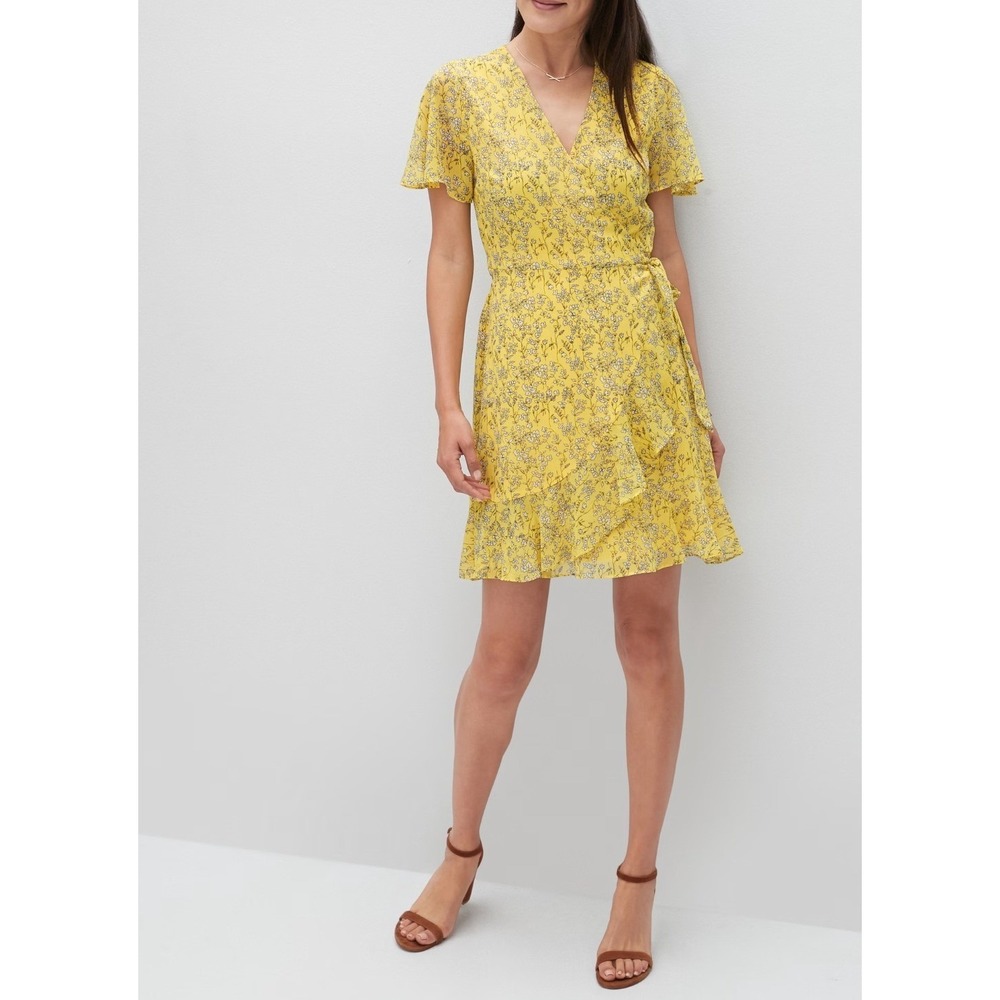 Banana Republic Factory Flutter-Sleeve Wrap Dress Yellow Floral Spring Size 6
